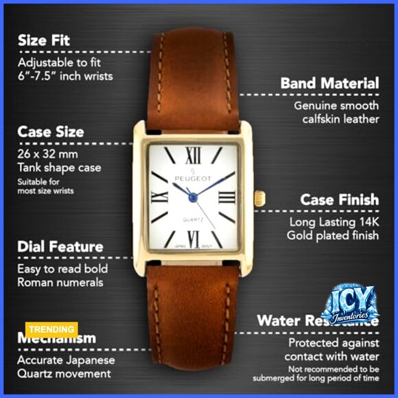 Gold Plated Tank Leather Dress Watch with Roman Numerals Dial main image 4